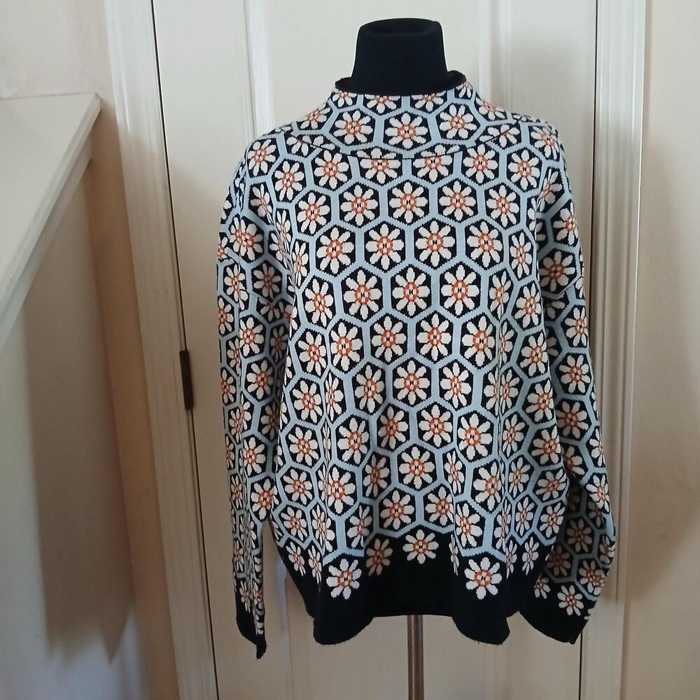 Anthropologie Maeve Carys Mock-Neck Floral Knit Sweater Mod Indie Boho Retro